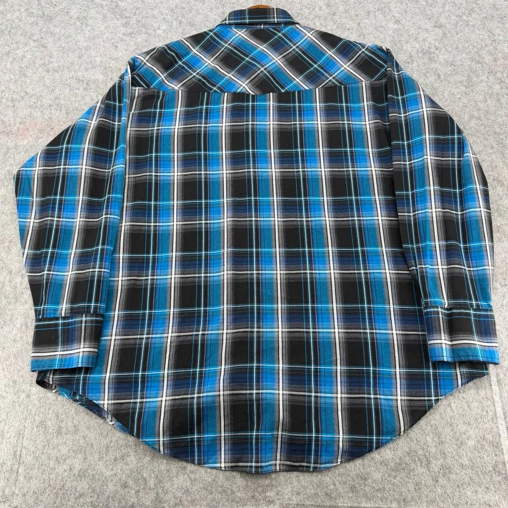 Ely Cattleman Mens XXL Blue Plaid Pearl Snap Western Long Sleeve Shirt
